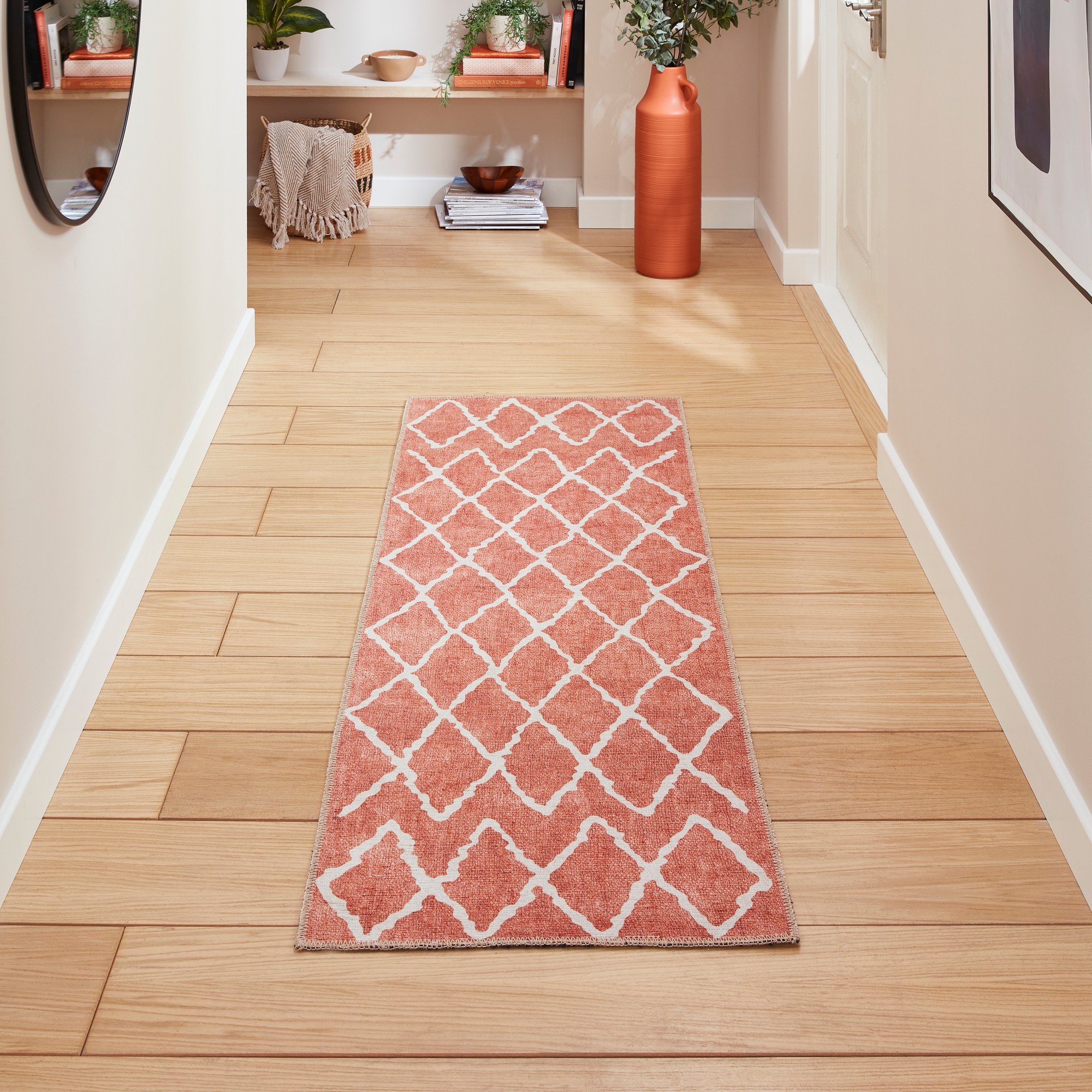 Coral H1060 Modern Washable Geometric Runner Rugs In Orange